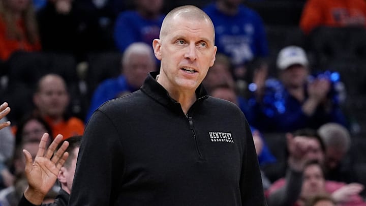 Kentucky Head Coach Mark Pope is seen during the first half of their first round NCAA men’ s basketball tournament game against Troy on Friday March 21, 2025 at Fiserv Forum in Milwaukee, Wis. Kentucky Head Coach Mark Pope is seen during the first half of their first round NCAA men’ s basketball tournament game against Troy on Friday March 21, 2025 at Fiserv Forum in Milwaukee, Wis.