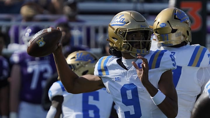 Sep 27, 2025; Evanston, Illinois, USA; UCLA Bruins quarterback Nico Iamaleava (9) passes the ball against the Northwestern Wildcats during the first half at Northwestern Medicine Field at Martin Stadium. Mandatory Credit: David Banks-Imagn Images