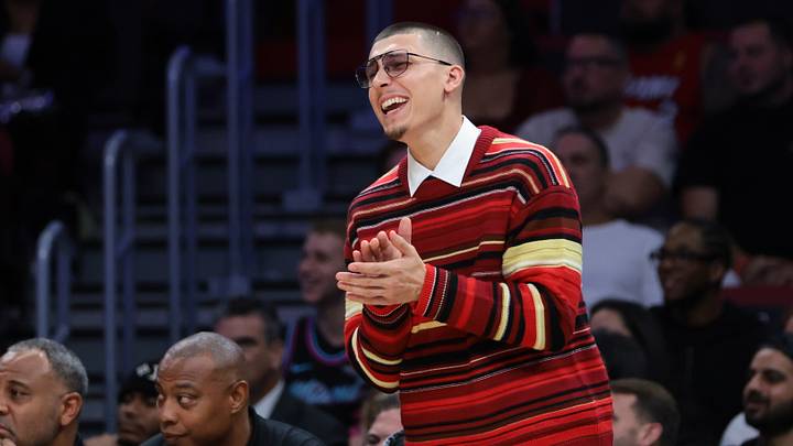 Oct 28, 2025; Miami, Florida, USA; Miami Heat guard Tyler Herro (14) reacts from the bench against the Charlotte Hornets during the fourth quarter at Kaseya Center. Mandatory Credit: Sam Navarro-Imagn Images