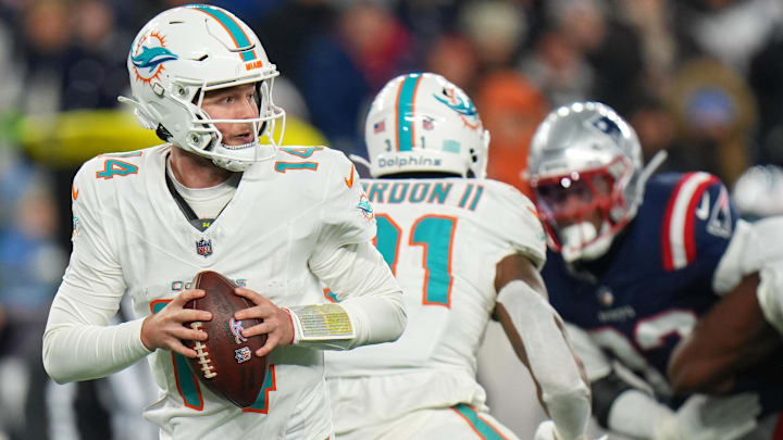 Miami Dolphins quarterback Quinn Ewers drops back to pass against the New England Patriots during the second half at Gillette Stadium.