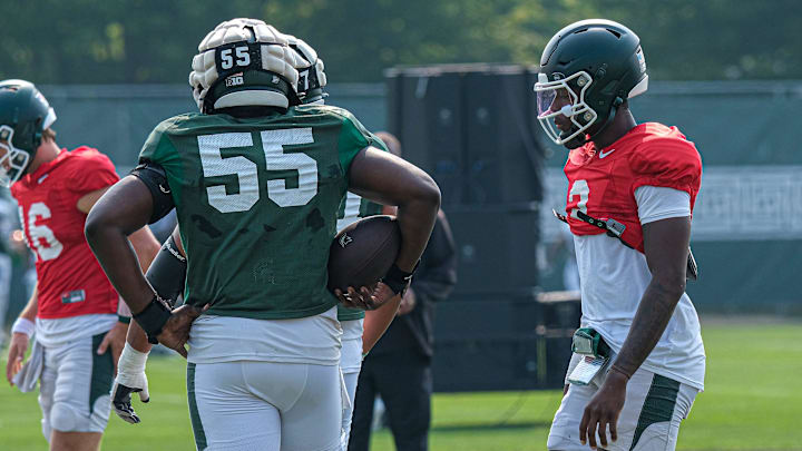 Michigan State quarterback Aidan Chiles (2) at a practice with pads Tuesday, Aug. 5, 2025.