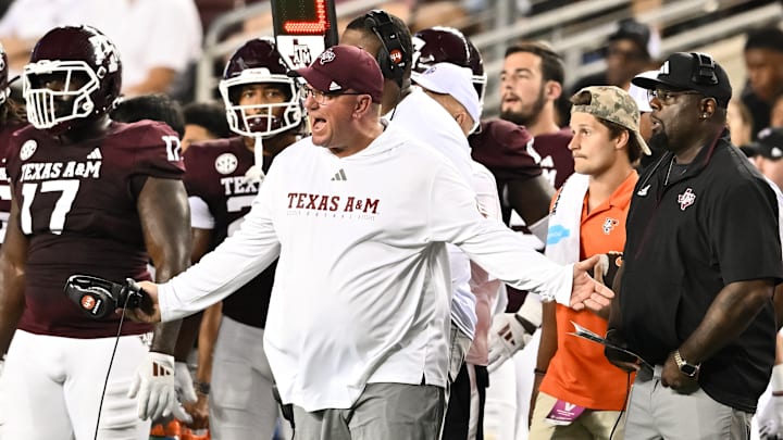 Sep 21, 2024; College Station, Texas, USA; Texas A&M Aggies head coach Mike Elko reacts during the second quarter against the Bowling Green Falcons at Kyle Field.