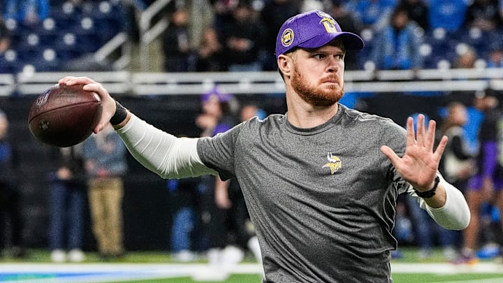 Minnesota Vikings quarterback Sam Darnold (14) warms up before the game between Detroit Lions and Minnesota Vikings at Ford Field in Detroit on Sunday, Jan. 5, 2025.