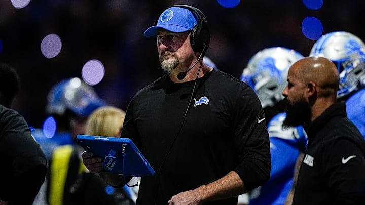 Detroit Lions head coach Dan Campbell looks on at the end of first quarter against Green Bay Packers at Ford Field in Detroit on Thursday, Dec. 5, 2024. Detroit Lions head coach Dan Campbell looks on at the end of first quarter against Green Bay Packers at Ford Field in Detroit on Thursday, Dec. 5, 2024.