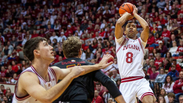 Indiana's Byrson Tucker (8) shoots during the Indiana versus Winthrop men's basketball game at Simon Skjodt Assembly Hall on Sunday, Dec. 29, 2024.