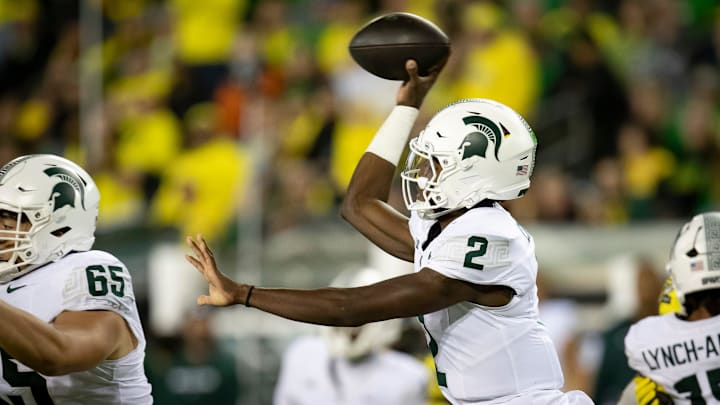 Michigan State Spartans quarterback Aidan Chiles throws out a pass as the Ducks host the Spartans Friday, Oct. 4, 2024 at Autzen Stadium in Eugene, Ore. Michigan State Spartans quarterback Aidan Chiles throws out a pass as the Ducks host the Spartans Friday, Oct. 4, 2024 at Autzen Stadium in Eugene, Ore.
