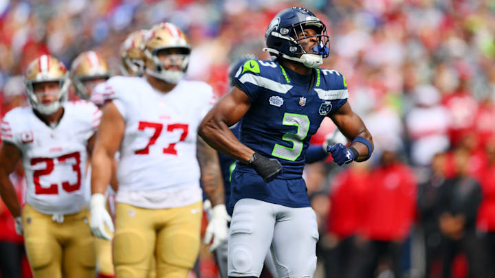 Sep 7, 2025; Seattle, Washington, USA; Seattle Seahawks safety Nick Emmanwori (3) reacts after a play during the first half against San Francisco 49ers at Lumen Field. 