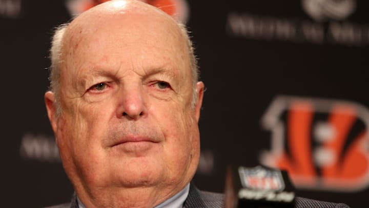 Cincinnati Bengals team president Mike Brown answers questions during a press conference announcing Zac Taylor as 10th head coach in Cincinnati Bengals team history, Tuesday, Feb. 5, 2019, at Paul Brown Stadium in Cincinnati.