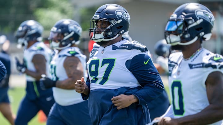 Jun 11, 2025; Renton, WA, USA; Seattle Seahawks defensive lineman Johnathan Hankins (97) takes part in drills during mini-camp at Virginia Mason Athletic Center. 