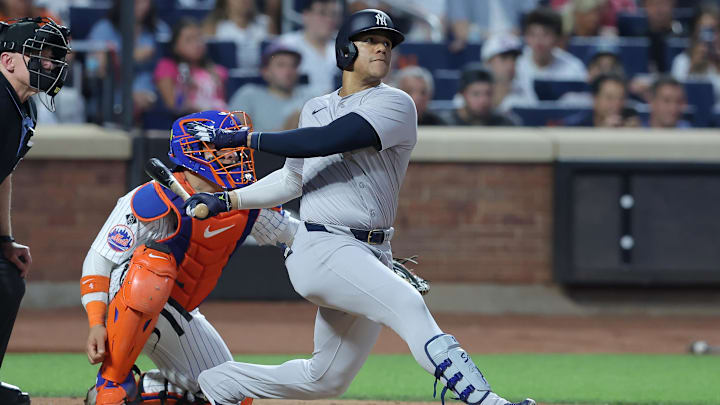 Jun 25, 2024; New York City, New York, USA; New York Yankees right fielder Juan Soto (22) follows through on a solo home run against the New York Mets during the fifth inning at Citi Field. Mandatory Credit: Brad Penner-Imagn Images Jun 25, 2024; New York City, New York, USA; New York Yankees right fielder Juan Soto (22) follows through on a solo home run against the New York Mets during the fifth inning at Citi Field. Mandatory Credit: Brad Penner-Imagn Images