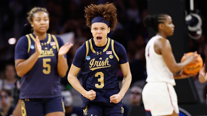 Mar 29, 2026; Fort Worth, TX, USA; Notre Dame Fighting Irish guard Hannah Hidalgo (3) reacts after a play against the UConn Huskies during the first half at Dickies Arena. Mandatory Credit: Chris Jones-Imagn Images