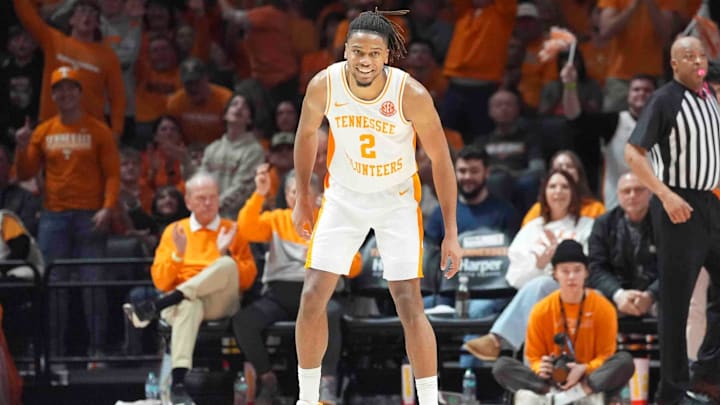 Tennessee's Chaz Lanier (2) smiles after a three-point shot during an NCAA college basketball game between Tennessee and Florida in Knoxville, Tenn., Saturday, Feb. 1, 2025. Tennessee defeated Florida.