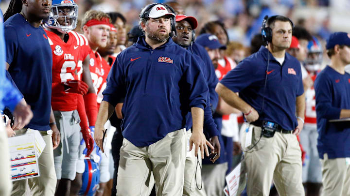 Oct 28, 2023; Oxford, Mississippi, USA; Mississippi Rebels defensive coorinator Pete Golding watches from the sidelines during the first half against the Vanderbilt Commodores at Vaught-Hemingway Stadium. Mandatory Credit: Petre Thomas-Imagn Images Oct 28, 2023; Oxford, Mississippi, USA; Mississippi Rebels defensive coorinator Pete Golding watches from the sidelines during the first half against the Vanderbilt Commodores at Vaught-Hemingway Stadium. Mandatory Credit: Petre Thomas-Imagn Images