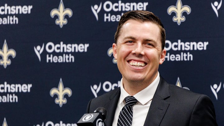 Feb 13, 2025; New Orleans, LA, USA;  New Orleans Saints introduce Kellen Moore as the head coach and he addresses the media at Ochsner Sports Performance Center. Mandatory Credit: Stephen Lew-Imagn Images