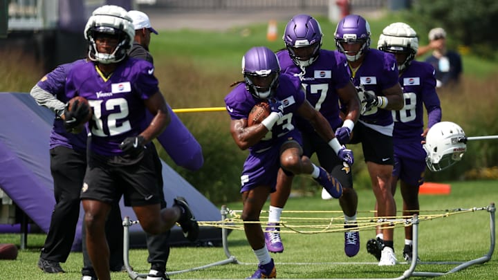 Jul 29, 2025; Eagan, MN, USA; Minnesota Vikings running back Aaron Jones Sr. (33) takes part in drills during the teams training camp at the Minnesota Vikings Training Facility. Jul 29, 2025; Eagan, MN, USA; Minnesota Vikings running back Aaron Jones Sr. (33) takes part in drills during the teams training camp at the Minnesota Vikings Training Facility.