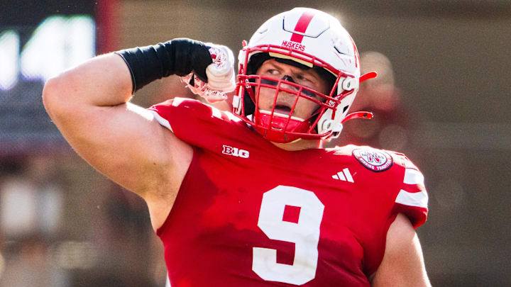 Nebraska Cornhuskers defensive lineman Ty Robinson celebrates after a sack against the Rutgers Scarlet Knights 