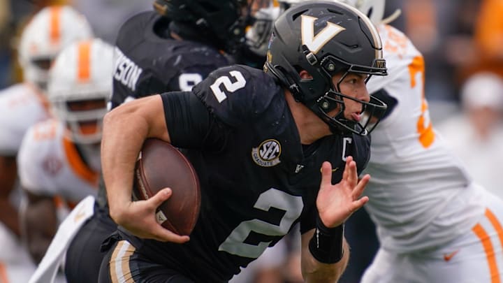 Vanderbilt quarterback Diego Pavia (2) runs the ball on a keeper during the third quarter at FirstBank Stadium in Nashville, Tenn., Saturday, Nov. 30, 2024.