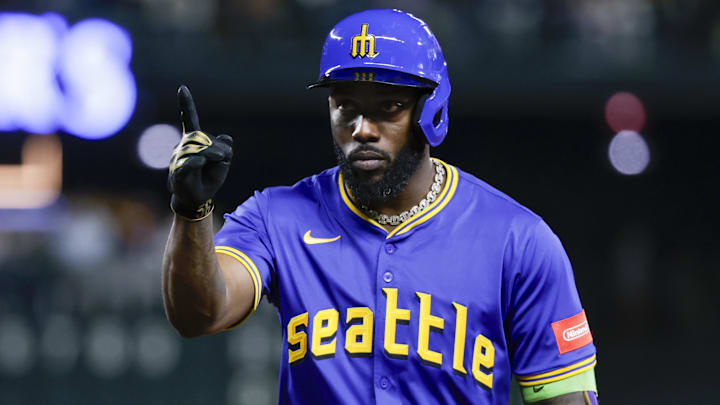 Sep 25, 2025; Seattle, Washington, USA; Seattle Mariners left fielder Randy Arozarena (56) reacts towards the dugout after hitting a two-run single against the Colorado Rockies during the fourth inning at T-Mobile Park. Mandatory Credit: Joe Nicholson-Imagn Images Sep 25, 2025; Seattle, Washington, USA; Seattle Mariners left fielder Randy Arozarena (56) reacts towards the dugout after hitting a two-run single against the Colorado Rockies during the fourth inning at T-Mobile Park. Mandatory Credit: Joe Nicholson-Imagn Images