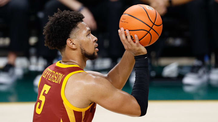 Jan 7, 2026; Waco, Texas, USA; Iowa State Cyclones forward Joshua Jefferson (5) shoots a free throw during the second half against the Baylor Bears at Paul and Alejandra Foster Pavilion. Jan 7, 2026; Waco, Texas, USA; Iowa State Cyclones forward Joshua Jefferson (5) shoots a free throw during the second half against the Baylor Bears at Paul and Alejandra Foster Pavilion.