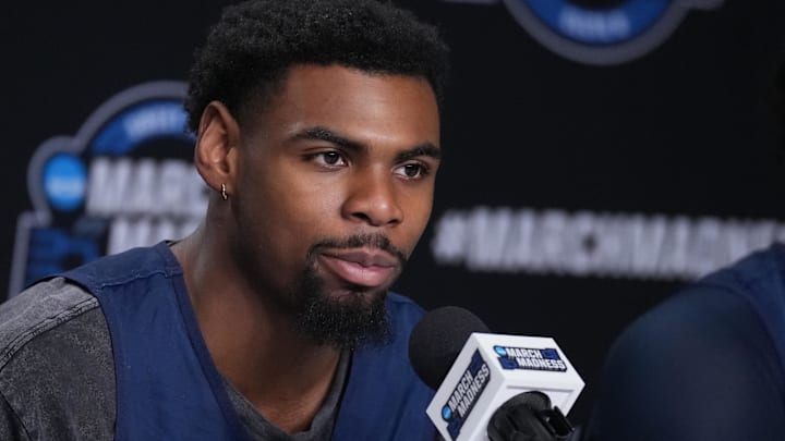 Mar 26, 2025; Newark, NJ, USA; Arizona Wildcats guard KJ Lewis (5), talks to the media at the Prudential Center. Mandatory Credit: Robert Deutsch-Imagn Images Mar 26, 2025; Newark, NJ, USA; Arizona Wildcats guard KJ Lewis (5), talks to the media at the Prudential Center. Mandatory Credit: Robert Deutsch-Imagn Images