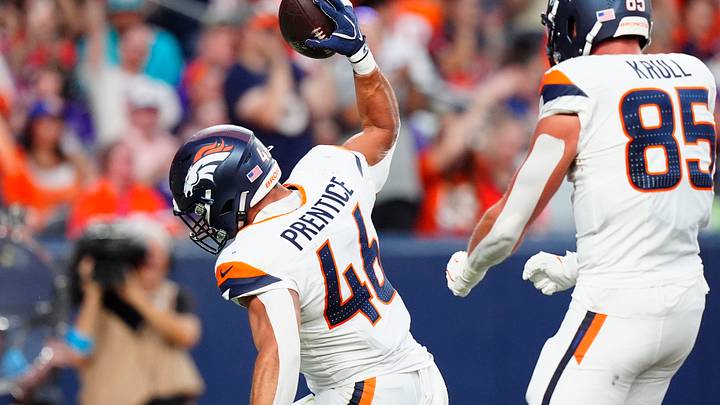 Aug 28, 2026; Denver, Colorado, USA; Denver Broncos fullback Adam Prentice (46) celebrates his touchdown carry in the first quarter during a preseason game against the Minnesota Vikings at Empower Field at Mile High. Mandatory Credit: Ron Chenoy-Imagn Images Aug 28, 2026; Denver, Colorado, USA; Denver Broncos fullback Adam Prentice (46) celebrates his touchdown carry in the first quarter during a preseason game against the Minnesota Vikings at Empower Field at Mile High. Mandatory Credit: Ron Chenoy-Imagn Images
