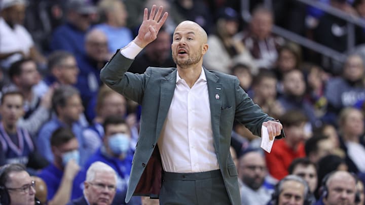 Jan 18, 2023; Newark, New Jersey, USA; Connecticut Huskies assistant coach Luke Murray reacts during the first half against the Seton Hall Pirates at Prudential Center. Mandatory Credit: Vincent Carchietta-Imagn Images
