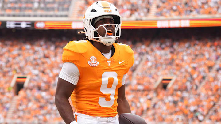 Tennessee running back Star Thomas (9) celebrates after making a touchdown in the NCAA college football game against ETSU on September 6, 2025, in Knoxville, Tennessee. Tennessee running back Star Thomas (9) celebrates after making a touchdown in the NCAA college football game against ETSU on September 6, 2025, in Knoxville, Tennessee.