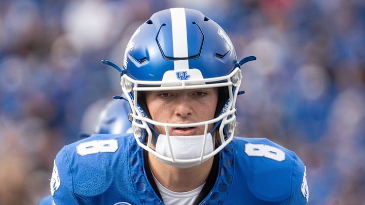 Kentucky Wildcats quarterback Cutter Boley (8) waited for the snap as the Kentucky Wildcats face off against the Tennessee Tech Golden Eagles at Kroger Field in Lexington, Kentucky. Nov. 15, 2025.