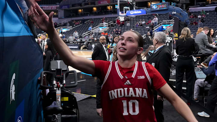 Indiana Hoosiers guard Shay Ciezki (10) walks off the court after her team defeats the Nebraska Cornhuskers during a Big Ten women's basketball tournament game Wednesday, March 4, 2026, at Gainbridge Fieldhouse in Indianapolis. Indiana defeated Nebraska 72-69.