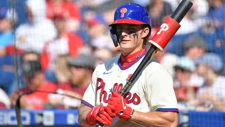 May 30, 2022; Philadelphia, Pennsylvania, USA; Philadelphia Phillies center fielder Mickey Moniak (16) prepares to bat against the San Francisco Giants at Citizens Bank Park.