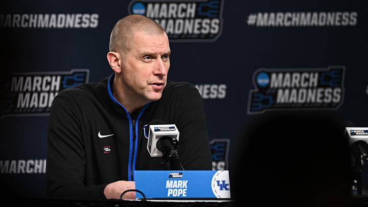 Mar 22, 2026; St. Louis, MO, USA; Kentucky Wildcats head coach Mark Pope speaks during the postgame press conference after the game against the Iowa State Cyclones during a second round game of the men's 2026 NCAA Tournament at Enterprise Center. Mandatory Credit: Jeff Le-Imagn Images Mar 22, 2026; St. Louis, MO, USA; Kentucky Wildcats head coach Mark Pope speaks during the postgame press conference after the game against the Iowa State Cyclones during a second round game of the men's 2026 NCAA Tournament at Enterprise Center. Mandatory Credit: Jeff Le-Imagn Images