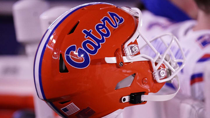 Nov 18, 2023; Columbia, Missouri, USA; A general view of a Florida Gators helmet against the Missouri Tigers  prior to a game at Faurot Field at Memorial Stadium. Mandatory Credit: Denny Medley-Imagn Images