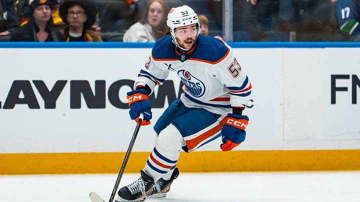 Jan 17, 2026; Vancouver, British Columbia, CAN; Edmonton Oilers forward Isaac Howard (53) skates against the Vancouver Canucks in the third period at Rogers Arena. Mandatory Credit: Bob Frid-Imagn Images