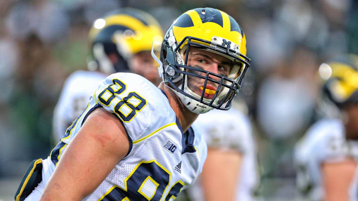 Oct 25, 2014; East Lansing, MI, USA; Michigan Wolverines tight end Jake Butt (88) looks to the sidelines during the 2nd half of a game at Spartan Stadium.  MSU won 35-11. Mandatory Credit: Mike Carter-Imagn Images