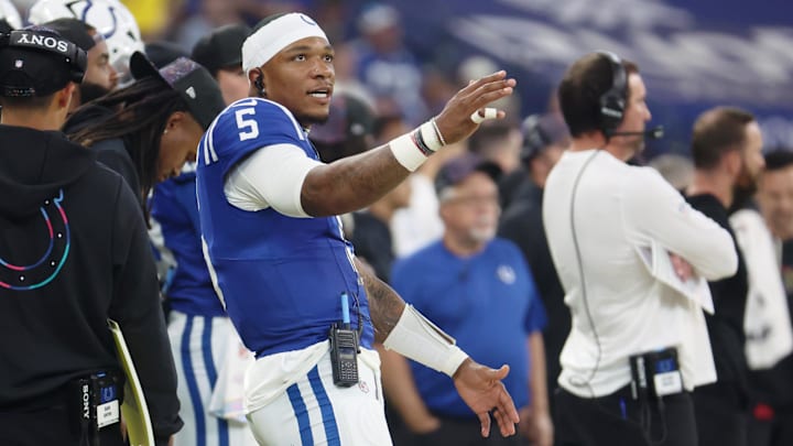 Oct 5, 2025; Indianapolis, Indiana, USA; Indianapolis Colts quarterback Anthony Richardson (5) on the sideline during the second quarter at Lucas Oil Stadium. Mandatory Credit: Trevor Ruszkowski-Imagn Images