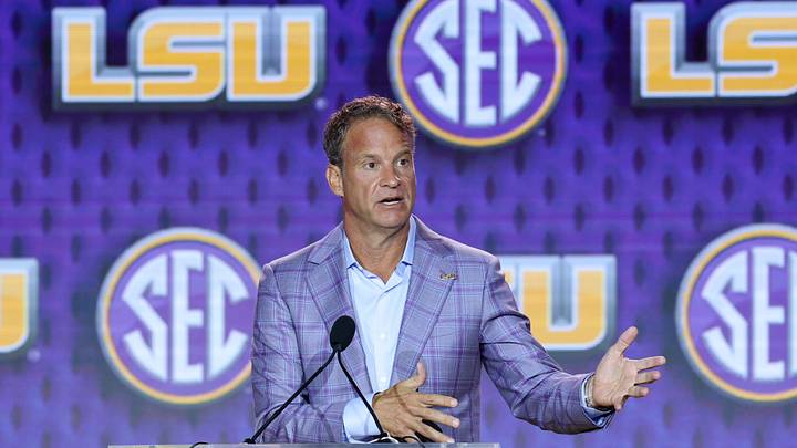 LSU Tigers head coach Lane Kiffin speaks to the press during SEC Football Kickoff Media Day at the Tampa Marriott. Mandatory Credit: Nathan Ray Seebeck-Imagn Images LSU Tigers head coach Lane Kiffin speaks to the press during SEC Football Kickoff Media Day at the Tampa Marriott. Mandatory Credit: Nathan Ray Seebeck-Imagn Images