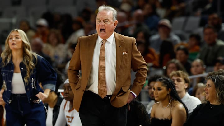 Dec 14, 2025; Fort Worth, Texas, USA; Texas Longhorns head coach Vic Schaefer reacts on the sideline against the Baylor Bears during the first half at Dickies Arena. Mandatory Credit: Chris Jones-Imagn Images