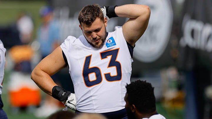 Jul 26, 2024; Englewood, CO, USA; Denver Broncos offensive tackle Alex Palczewski (63) during training camp at Broncos Park Powered by CommonSpirit. Mandatory Credit: Isaiah J. Downing-Imagn Images Jul 26, 2024; Englewood, CO, USA; Denver Broncos offensive tackle Alex Palczewski (63) during training camp at Broncos Park Powered by CommonSpirit. Mandatory Credit: Isaiah J. Downing-Imagn Images