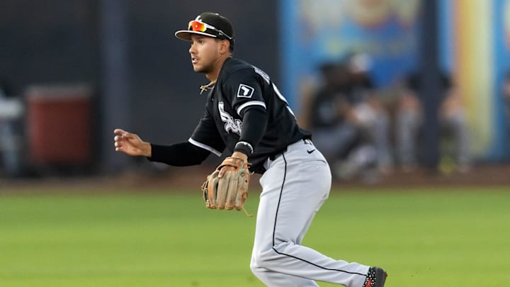 Mar 19, 2026; Peoria, Arizona, USA; Chicago White Sox shortstop William Bergolla Jr against the San Diego Padres during a spring training game at Peoria Sports Complex. Mandatory Credit: Mark J. Rebilas-Imagn Images Mar 19, 2026; Peoria, Arizona, USA; Chicago White Sox shortstop William Bergolla Jr against the San Diego Padres during a spring training game at Peoria Sports Complex. Mandatory Credit: Mark J. Rebilas-Imagn Images