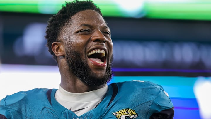 Aug 26, 2023; Jacksonville, Florida, USA;  Jacksonville Jaguars linebacker Josh Allen (41) reacts