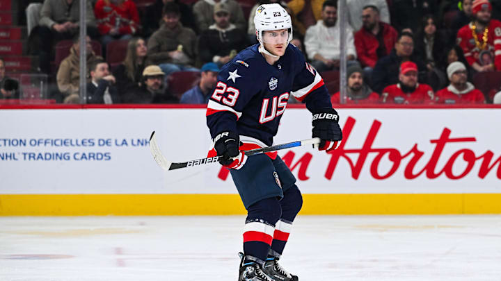 Feb 13, 2025; Montreal, Quebec, CAN; [Imagn Images direct customers only] Team USA defenseman Adam Fox (23) skates against Team Finland in the second period during a 4 Nations Face-Off ice hockey game at Bell Centre. Mandatory Credit: David Kirouac-Imagn Images