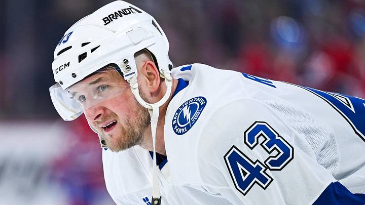 Apr 26, 2026; Montreal, Quebec, CAN; Tampa Bay Lightning defenseman Darren Raddysh (43) looks on during warm-up before the game against the Montreal Canadiens in game four of the first round of the 2026 Stanley Cup Playoffs at Bell Centre. Mandatory Credit: David Kirouac-Imagn Images