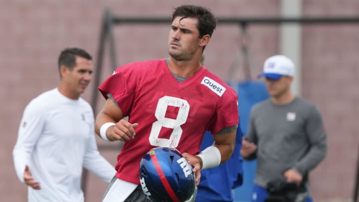 East Rutherford, NJ -- July 24, 2024 -- Quarterback Daniel Jones during the first day of training camp for the 2024 New York Giants. East Rutherford, NJ -- July 24, 2024 -- Quarterback Daniel Jones during the first day of training camp for the 2024 New York Giants.
