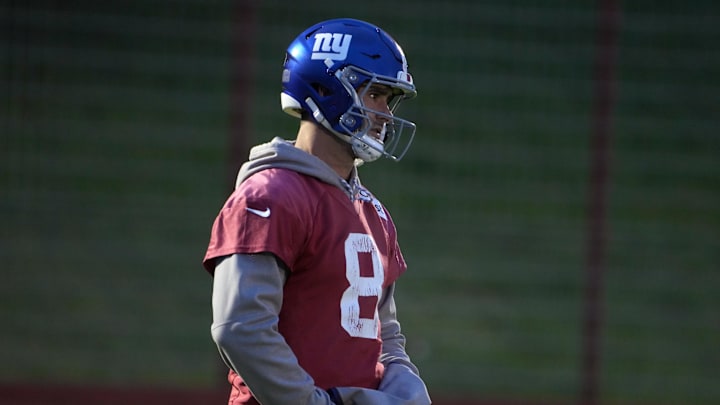 Nov 8, 2024; Munich, Germany; New York Giants quarterback Daniel Jones (8) during practice at the FC Bayern Munchen training grounds at Sabener Strasse. Nov 8, 2024; Munich, Germany; New York Giants quarterback Daniel Jones (8) during practice at the FC Bayern Munchen training grounds at Sabener Strasse.