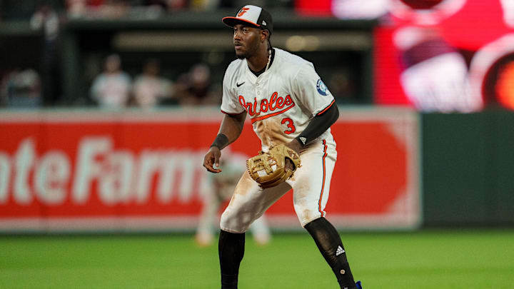 Jun 26, 2024; Baltimore, Maryland, USA; Baltimore Orioles second base Jorge Mateo (3) moves into position during the seventh inning against the Cleveland Guardians at Oriole Park at Camden Yards. 