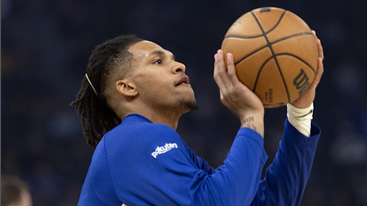Oct 17, 2025; San Francisco, California, USA; Golden State Warriors guard Will Richard warms up before facing the Los Angeles Clippers at Chase Center. Oct 17, 2025; San Francisco, California, USA; Golden State Warriors guard Will Richard warms up before facing the Los Angeles Clippers at Chase Center.