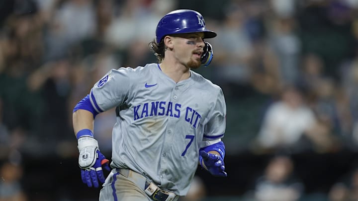 Jul 28, 2024; Chicago, Illinois, USA; Kansas City Royals shortstop Bobby Witt Jr. (7) rounds the bases after hitting a grand slam against the Chicago White Sox during the eight inning at Guaranteed Rate Field. Mandatory Credit: Kamil Krzaczynski-USA TODAY Sports