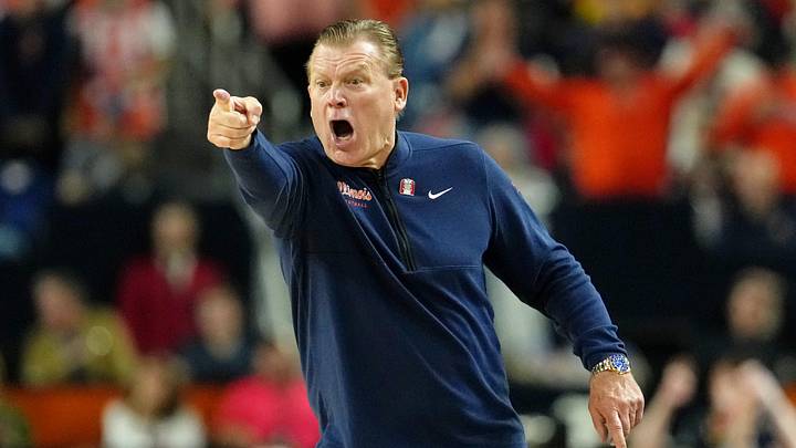Apr 4, 2026; Indianapolis, IN, USA; Illinois Fighting Illini head coach Brad Underwood reacts after a play against the UConn Huskies during the first half of a semifinal of the Final Four of the men's 2026 NCAA Tournament at Lucas Oil Stadium. Mandatory Credit: Bob Donnan-Imagn Images