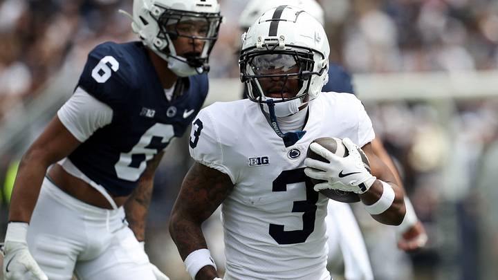 Apr 26, 2025; University Park, PA, USA; Penn State Nittany Lions wide receiver Koby Howard (3) runs with the ball during the first quarter of the Blue White spring game at Beaver Stadium. The White team defeated the Blue team 10-8. Mandatory Credit: Matthew O'Haren-Imagn Images