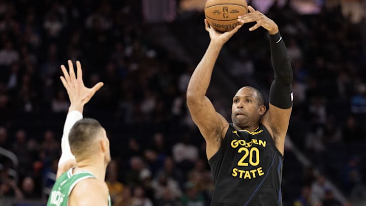 Feb 19, 2026; San Francisco, California, USA; Golden State Warriors center Al Horford (20) shoots over Boston Celtics center Nikola Vucevic (4) during the fourth quarter at Chase Center. Mandatory Credit: D. Ross Cameron-Imagn Images